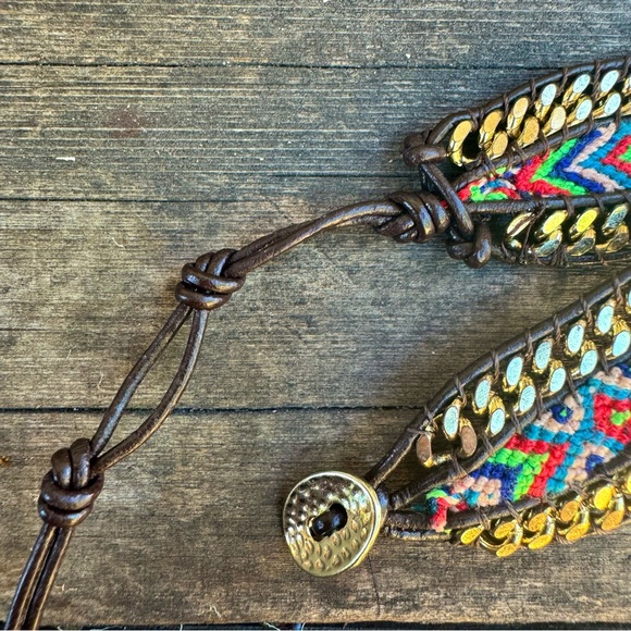 NWOT✨ Boho Western Colorful Macrame Gold Chain & Leather Friendship Bracelet - Picture 12 of 16